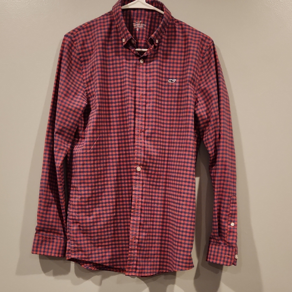 Vineyard Vines Boys XL Red/Blue Gingham Checkered Button Down Shirt